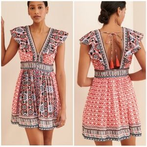 Anthropologie New Flutter Boho Embroidered Mini Ruffle Tassel Tie Sun Dress SZ 6